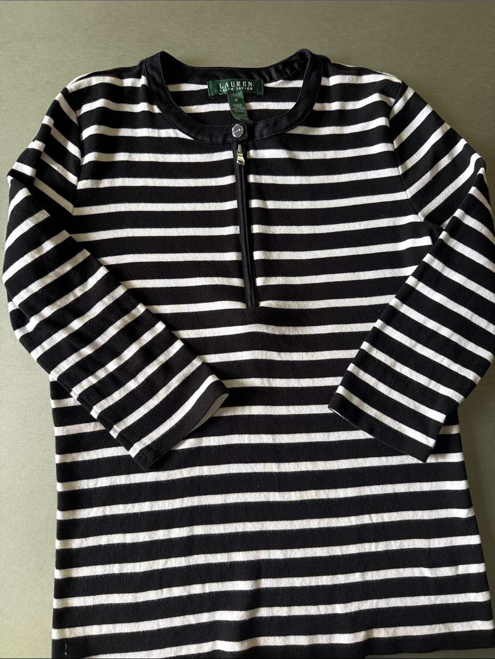 Lauren Ralph Lauren  Black & White Striped 3/4 Sleeve Top. 100% cotton.